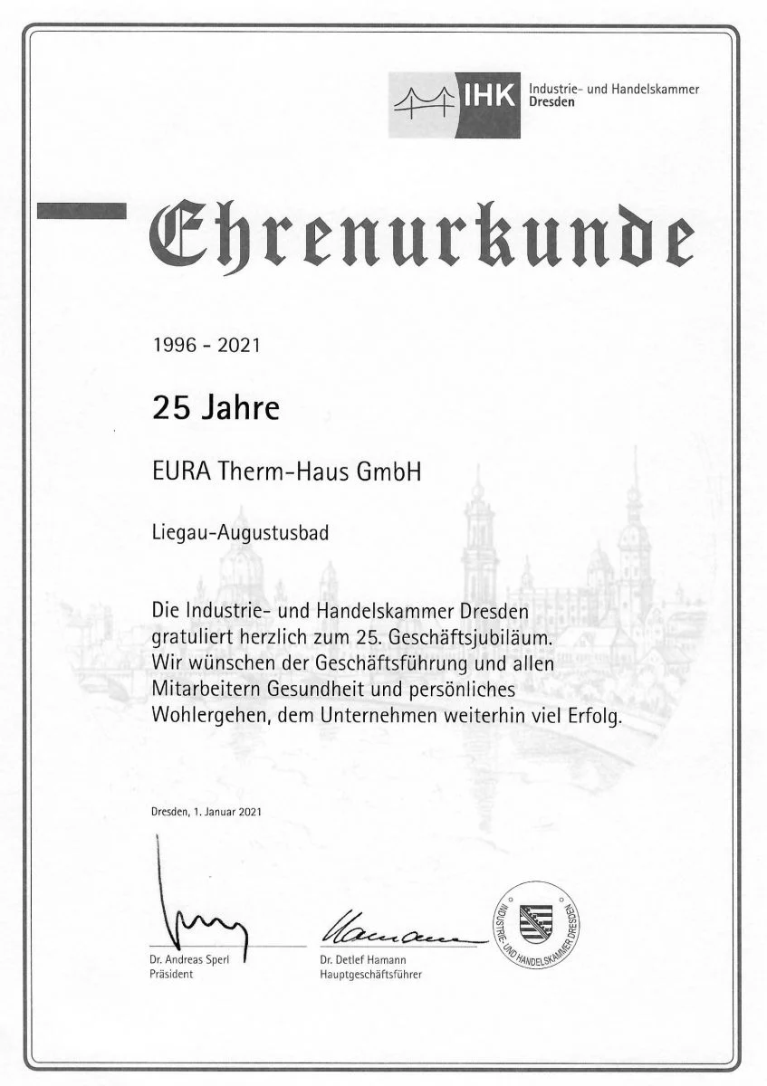 Urkunde Auszeichnung EURA Therm-Haus